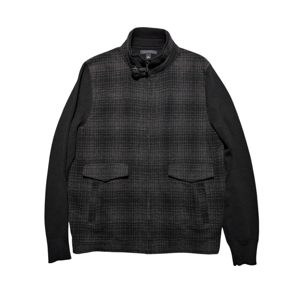 Banana Republic Jacket Mens Medium Gray Plaid Throat Strap Latch Wool Blend